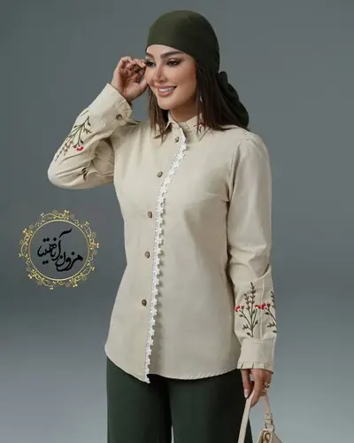 شومیز جلو دکمه دانتل دار کرم  طرح گلدوزی صحرا