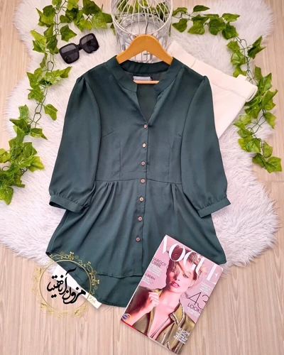 شومیز جلو دکمه سبز تیره طرح پایین چین گلناز