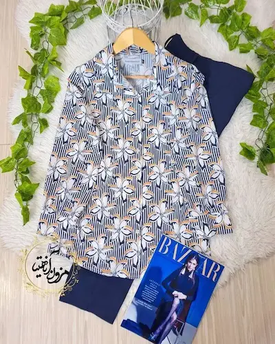 شومیز جلو دکمه سفید سرمه ای طرح راه راه گلدار پردیس سایز-3-تخفیفی