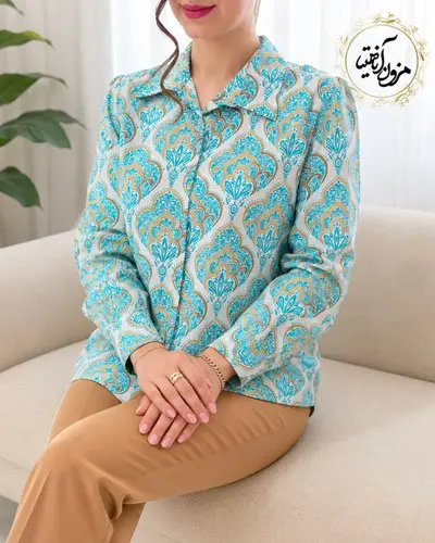 شومیز جلو دکمه سفید طرح سنتی فیروزه