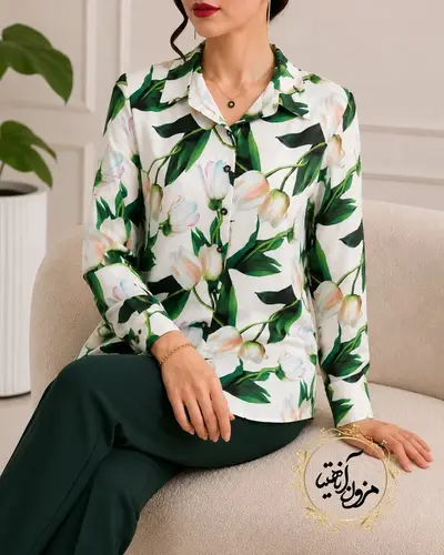 شومیز جلو دکمه سفید طرح لاله کرم سبز دیارا