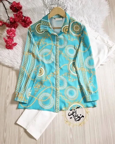 شومیز جلو دکمه فیروزه ای طرح ورساچه سایز-3-تخفیفی