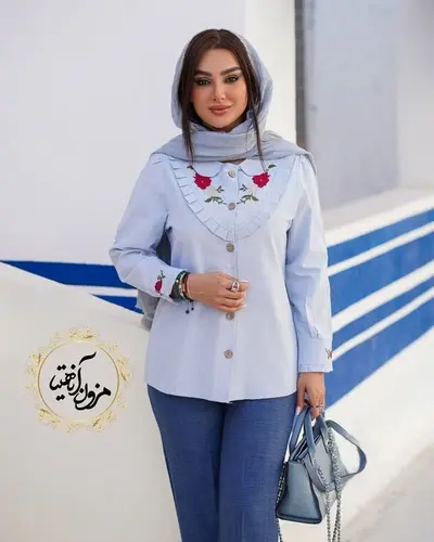 شومیز جلو دکمه لینن آبی طرح گلدوزی 
