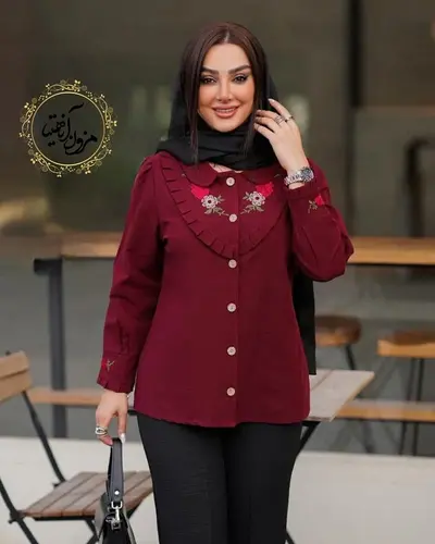 شومیز جلو دکمه لینن آلبالویی طرح گلدوزی 