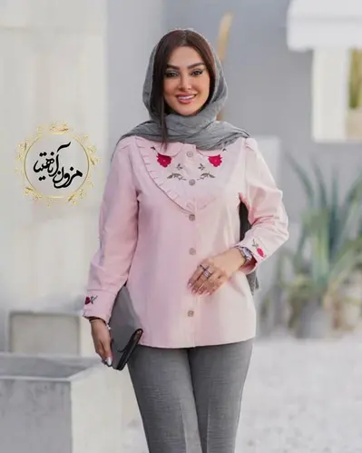 شومیز جلو دکمه لینن صورتی طرح گلدوزی 