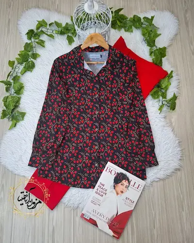 شومیز جلو دکمه مشکی طرح انار شاخه طلایی ریز ماهک سایز-3-تخفیفی