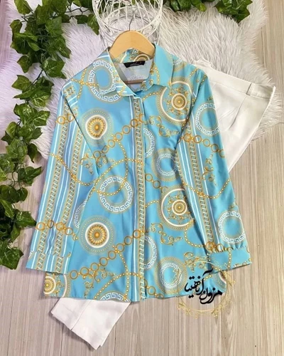 شومیز جلو دکمه ورساچه فیروزه ای روشن سایز-5-تخفیفی