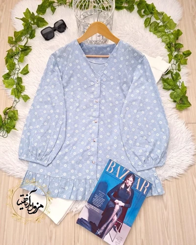 شومیز جلو دکمه پاچین دار آبی طرح گلدار نیکو