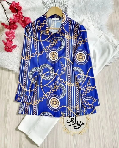 شومیز جلو دکمه کاربنی طرح ورساچه سایز-5-تخفیفی