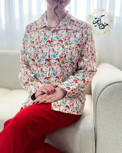 شومیز جلو دکمه کرم طرح بته جقه ریز نگار