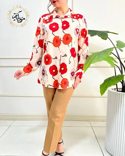 شومیز جلو دکمه کرم طرح گلدار شقایق سایز-4-تخفیفی