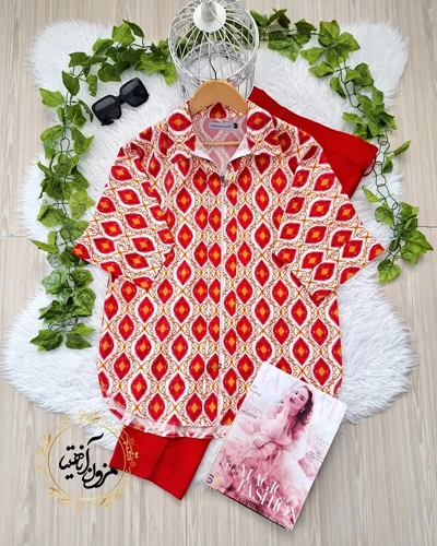 شومیز جلو زیپ دار سفید قرمز طرح لوزی سنتی ترمه