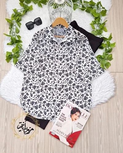 شومیز جلو زیپ دار سفید مشکی طرح گلدار شاخه گل زینا سایز-2-تخفیفی