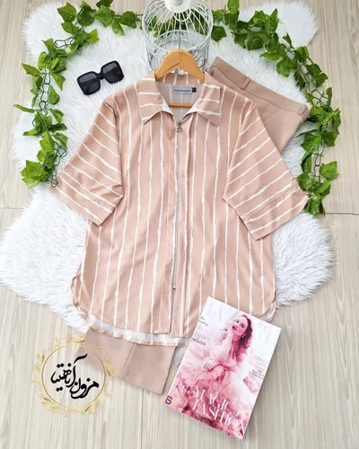 شومیز جلو زیپ دار نسکافه ای طرح راه راه سفید مستانه