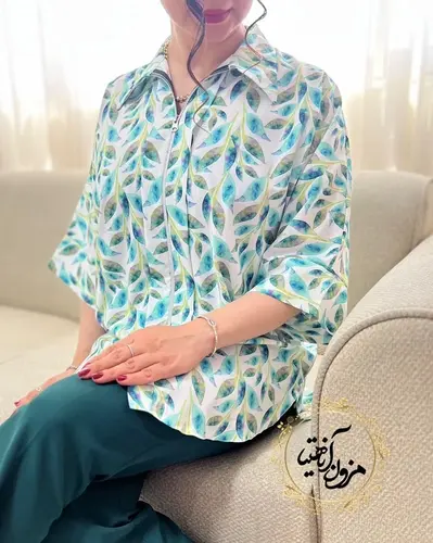 شومیز جلو زیپ سفید طرح ریسه برگ سبز کلارا