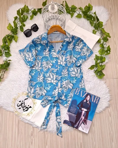 شومیز جلو گره ای آبی طرح سنتی برگ و گلبرگ فریده