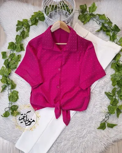 شومیز جلو گره ای سرخابی طرح نگینی