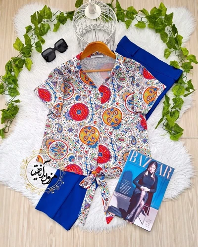 شومیز جلو گره ای سفید طرح سنتی بته جقه رنگی شارلین