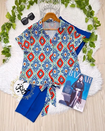 شومیز جلو گره ای سفید طرح سنتی لوزی رنگی سانیا