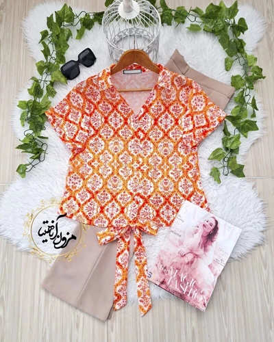 شومیز جلو گره ای سفید طرح سنتی گلدار قرمز نارنجی مهنا