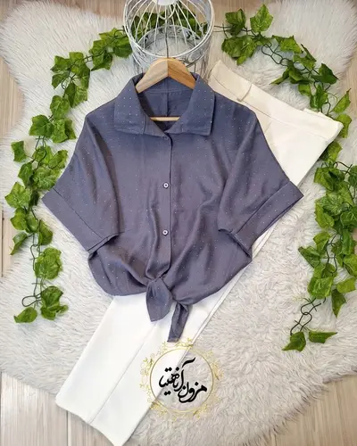 شومیز جلو گره ای طوسی طرح نگینی