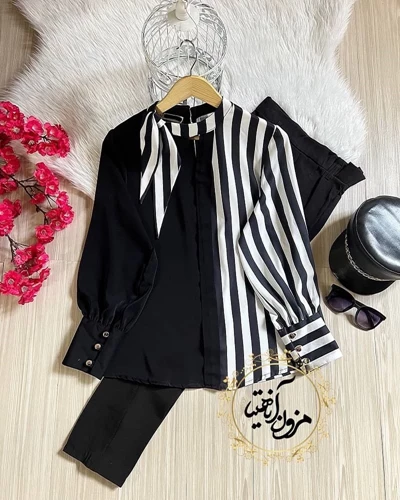 شومیز شالدار ساده سفید مشکی زمینه مشکی سایز-40-تخفیفی