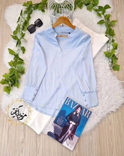 شومیز مجلسی آبی آسمانی طرح ساتن آرمانی جدید سایز-4-تخفیفی