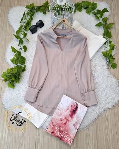 شومیز مجلسی خاکی طرح ساتن آرمانی جدید سایز-1-تخفیفی