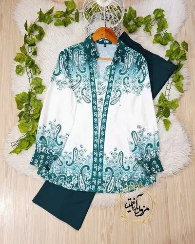 شومیز مجلسی سفید سبز طرح بته جقه نگینی ینیلا