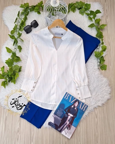 شومیز مجلسی سفید طرح ساتن آرمانی جدید سایز-5-تخفیفی