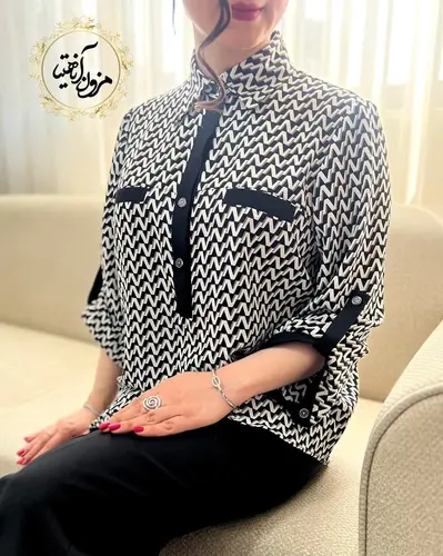 شومیز مجلسی سفید مشکی طرح زیگزاگی ریلا
