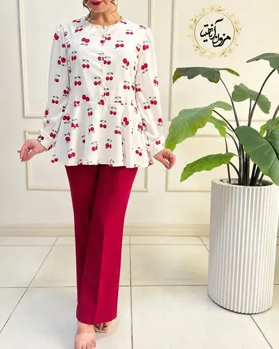 شومیز مجلسی پایین کلوش زمینه سفید طرح گیلاس