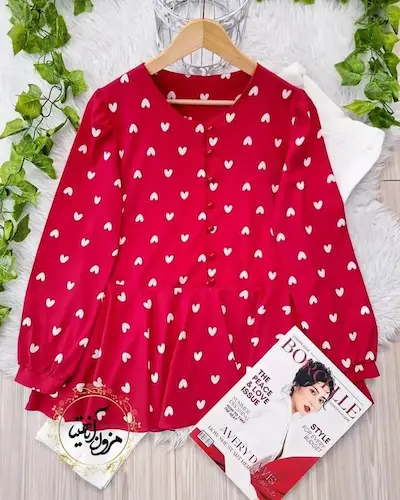 شومیز مجلسی پایین کلوش قرمز طرح قلب سفید مهرسانا سایز-4-تخفیفی