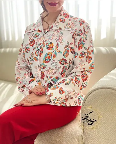 شومیز نخی جلو دکمه سفید طرح برگ الماس رنگی بیانکا