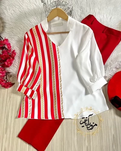 شومیز نیمه زنجیری قرمز سفید جدید سایز-44-تخفیفی