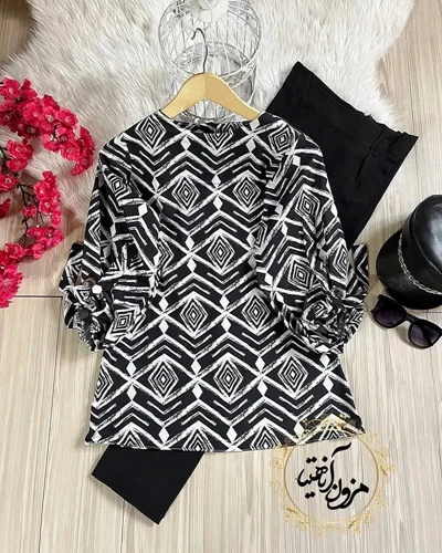 شومیز واشری مصری سفید مشکی سایز-XL-تخفیفی