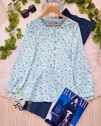 شومیز پایین کلوش آبی روشن طرح گل ریز ماوی سایز-3-تخفیفی