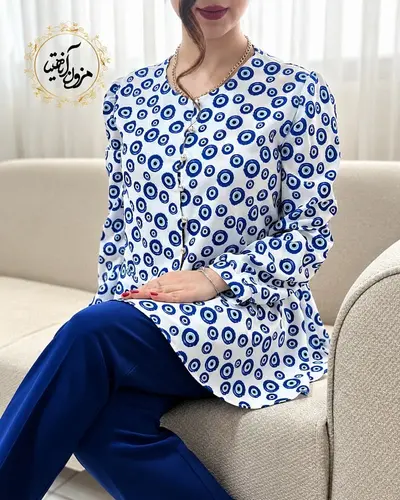 شومیز پایین کلوش سفید طرح چشم نظر کاربنی