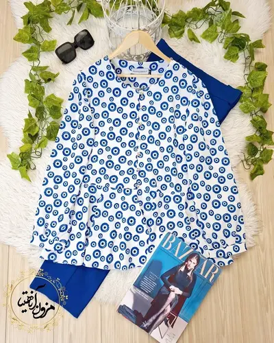 شومیز پایین کلوش سفید طرح چشم نظر کاربنی