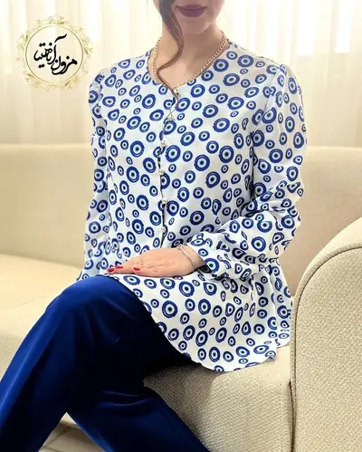 شومیز پایین کلوش سفید طرح چشم نظر کاربنی