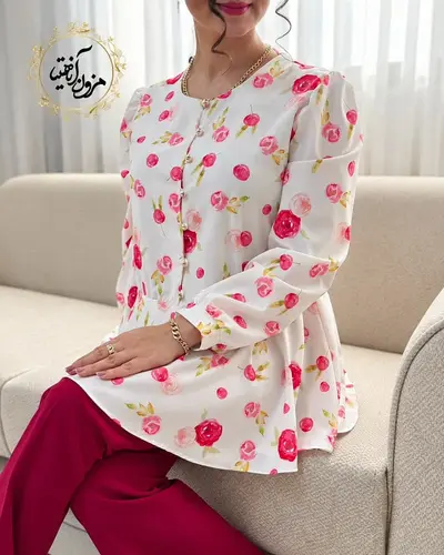 شومیز پایین کلوش سفید طرح گلهای رز صورتی یاسمینا