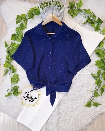 شومیز جلو گره ای سرمه ای طرح نگینی