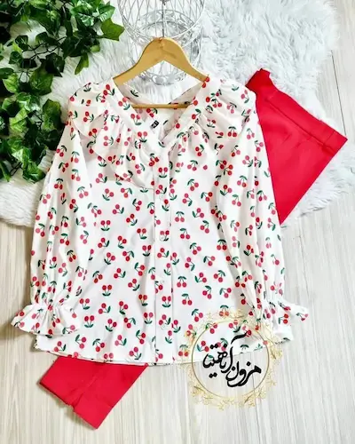 شومیز یقه خورشیدی سفید قرمز طرح گیلاس سایز-2-تخفیفی