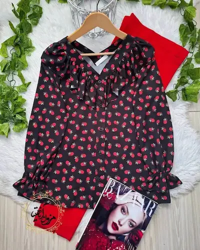 شومیز یقه خورشیدی مشکی قرمز طرح دلارز سایز-3-تخفیفی