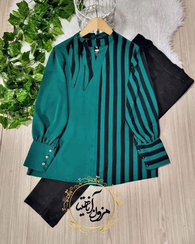 شومیز یقه شالدار سبز زمینه سبز جدید سایز-38-تخفیفی