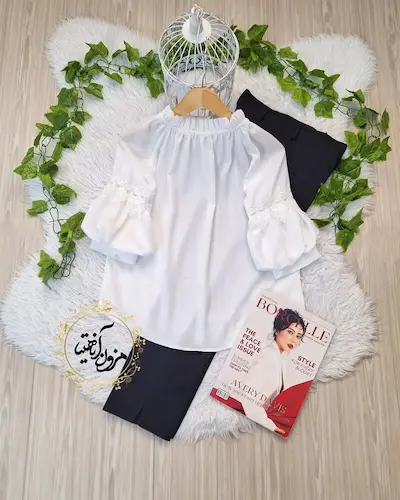 شومیز یقه پلیسه سفید طرح هیبا