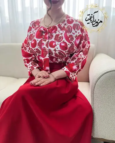 شومیز یقه پاپیونی سفید طرح انار قرمز نیمه پینار