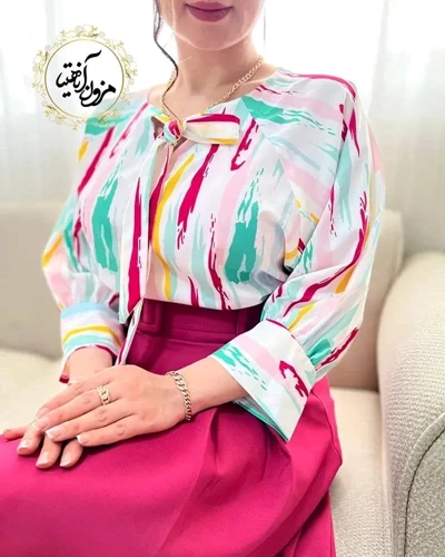 شومیز یقه پاپیونی سفید طرح خطی آبرنگی شمیم سایز-3-تخفیفی