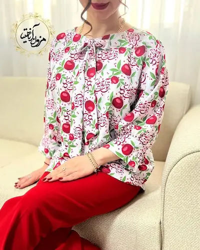 شومیز یقه پاپیونی سفید قرمز طرح انار یلدا 