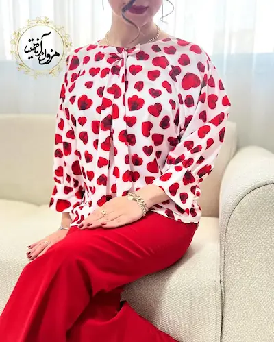 شومیز یقه پاپیونی سفید قرمز طرح قلبی شانلی